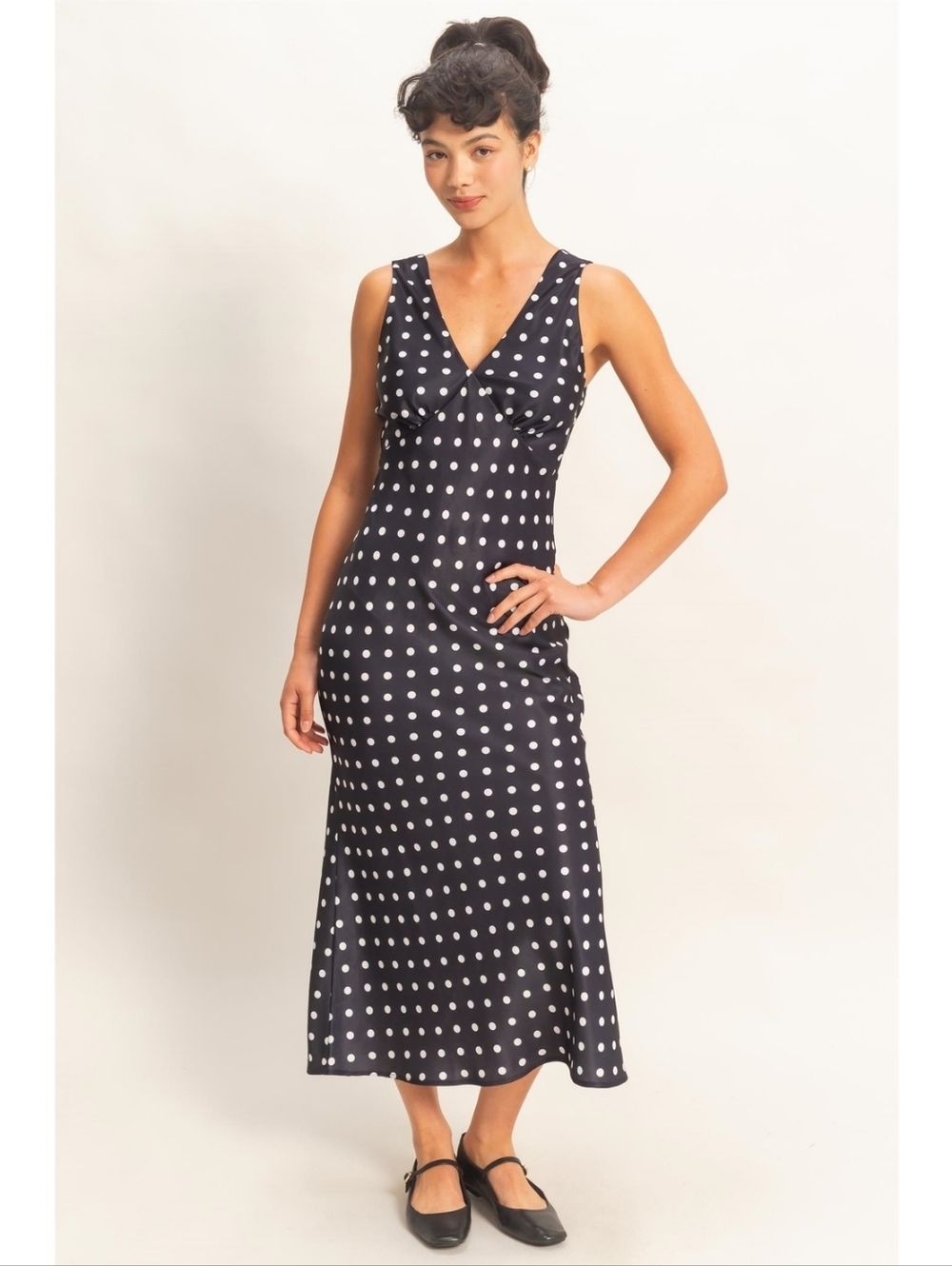 HYFYVE Navy Polka Dot Midi Satin Slip Dress with Zipper And Waist Tie